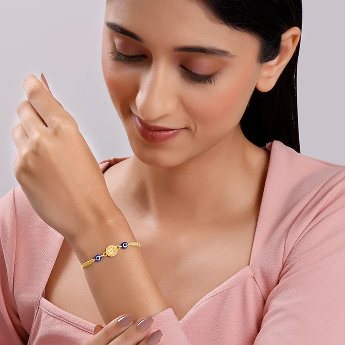 Golden Hindi Initial Evil Eye Bracelet - Image 3
